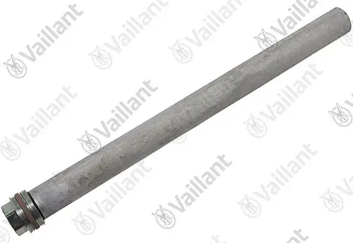Vaillant Anode, zylindrisches Metallteil mit gewendeltem Ende, zur Sicherstellung von Schutz gegen Korrosion, für Einsatz in Warmwasserspeichern.